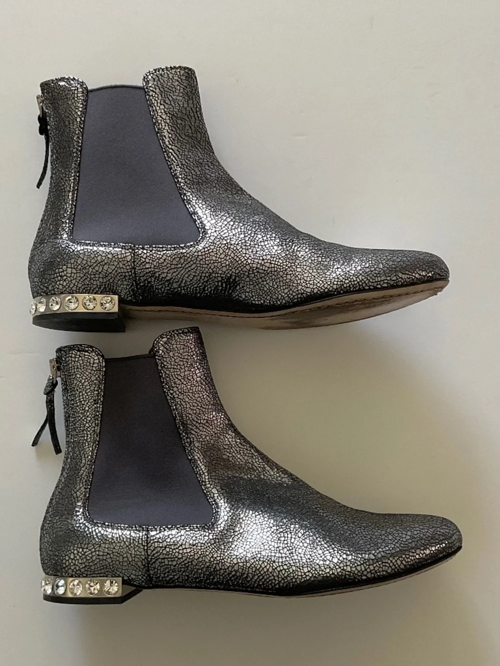 MIU MIU Crackled Silver Metallic Leather Crystal Heel Ankle Boots Sz EU 37